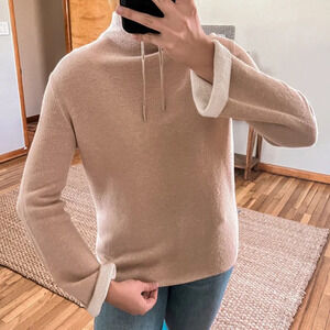 Vince Tan Wool Cashmere Blend Mock Neck Drawstring Bell Sleeve Pullover Sweater